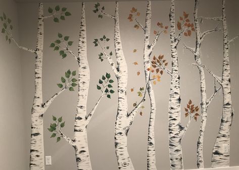 Painted Trees On The Wall, Tree Wall Art Bedroom, Aspen Tree Wallpaper, Birch Tree Nursery, Bulletin Board Tree, Aspen Tree, Basement Reno, Baby Boy Room Nursery, Aspen Trees