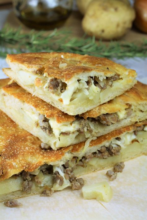 stacked wedges of scacciata with sausage and potato filling Potato And Sausage, Potatoes And Sausage, No Knead Pizza Dough, Pizza Oven Recipes, Potato Filling, Sausage Bread, Sicilian Style, Sausage Pizza, Pizza Dough Recipe