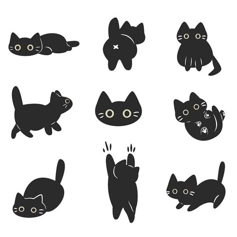 Cat Poses Illustration, Cartoon Cat Side View, Sleepy Cat Illustration, Cool Cat Illustration, Black Cat Illustration Cute, Cats Illustration Drawing, Cute Black Cat Drawing, Cat Poses Drawing, Cat Stylized