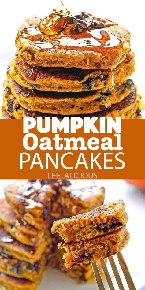 Two pictures of pumpkin oatmeal pancakes one of a stack, the other with a bite on a fork. In between on orange background title text reads "Pumpkin oatmeal pancakes leelalicious" Pancakes With Oatmeal, Oatmeal Cookie Pancakes, Pumpkin Oatmeal Pancakes, Oatmeal Pancakes Recipe, Pumpkin Oatmeal Cookies, Pumpkin Pancake Recipe, Healthy Pancake Recipes, Oat Pancakes, Oatmeal Pancakes