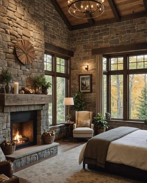 Stone Fireplace No Hearth Ideas, Stone Fireplace Bedroom, Rustic Bedroom With Fireplace, Bedroom With Fireplace Master, Hagrid Hut, Diy Fall Candle Holders, Diy Fall Signs, Cozy Cottage Aesthetic, Stone Bedroom