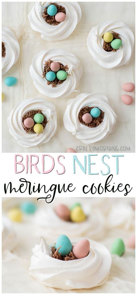 Make these adorable birds nest meringue cookies for Easter or spring time! Easter treat dessert idea for a party. Cute little egg candies in a brown nest. Easter cookie ideas. #meriguecookies #meriguedesserts #cookies #eastercookies #springcookies #springtreats #birdsnesttreats #eastertreats #craftymorning Easter Cookie Ideas, Cookies For Easter, Chocolate Cadbury, Easter Cookie Recipes, Easter Nests, Easter Bunny Cookies, Desserts Ideas, Easter Snacks, Easter Sugar Cookies