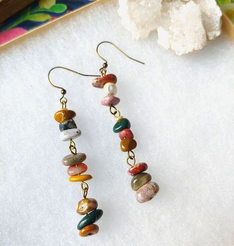 Natural Ocean Jasper Gemstones Randomly Stacked To Show Their Uniqueness Natural - Not Treated In Any Way Neutral & Soothing Color Palette: Many Shades Of Green, Mustard Yellow, White, Lavender, Burgandy & Pale Rose Pink Will Go With Any Outfit! Dress Them Any Which Way You Want Designed & Hand Crafted By Me Find Me On Insta @Issabeau.Jewelry Tags: Bohemian Hippie Bo...#Embrace #Style #with #JewelryLovers #Exploring #Style #Free #Accessories #Spirit #Your #Accessories #Jewelry #Bohemian #Boho Rock Beads Stone Jewelry, Dangle Earrings Beaded, Selling Handmade Jewelry, Fall Bead Jewelry, Boho Earrings Diy Handmade Jewelry, Beaded Boho Earrings, Trending Handmade Jewelry, Boho Beaded Jewelry, Unique Beaded Earrings