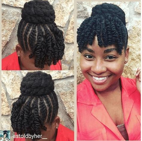 Protective Hairstyles For Big Forehead, Protective Styles With Bangs, Bun Bangs, Type 4c Hairstyles, Flat Twist Hairstyles, Cabello Afro Natural, Flat Twist Updo, Twisted Top, Twisted Hair