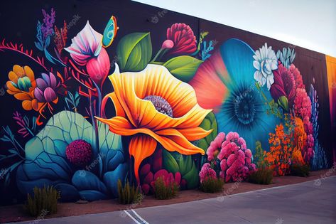 Premium AI Image | Urban graffiti art featuring mural of vibrant flower garden Murals Street Art Wall, Garden Graffiti, Mural Texture, Exterior Fence, Flower Garden Images, Beautiful Graffiti, Graffiti Flowers, Mural Inspiration, Course Ideas