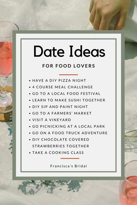 If you are looking for super fun foodie date ideas to do with your significant other, then look no further! Whether you are in the mood for exploring new flavors, making fun dishes, and creating lasting memories together, we have got you covered! So, get ready to transform your date nights with these date ideas that will not only satisfy your food cravings but will also add some excitement to your relationship! | Couple date ideas | Couple date night | Couple date ideas at home | Date ideas | Food date night | Food date ideas | Foodie date ideas | Couple bucket list |💕#LoveStory #RomanticEncounters #HeartfeltConnections #DateNightIdeas #SoulmateSearch #FlirtyFridays #CandlelitDinners #StarryEyedMoments #LoveQuotes #DreamyDates #WhisperedPromises #AmourAdventures Food Date Ideas, Food Date Night, Date Night Food, Date Night Couple, Couple Date Ideas, Date Ideas At Home, Couple Date Night, At Home Date Ideas, Home Date Ideas