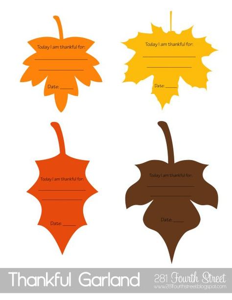 FREE Printable "Today I am Thankful for: _______" leaves from 281 Fourth Street.  Also includes date so you can fill one out each day.  Can use to create a Thankful Banner or Gratitude Tree to hang leaves somewhere visible in the home. Thankful Garland, Leaf Printables, Today I Am Thankful, Gratitude Tree, Thankful Tree, Thanksgiving Tree, Fall Lessons, Group Counseling, Colored Leaves