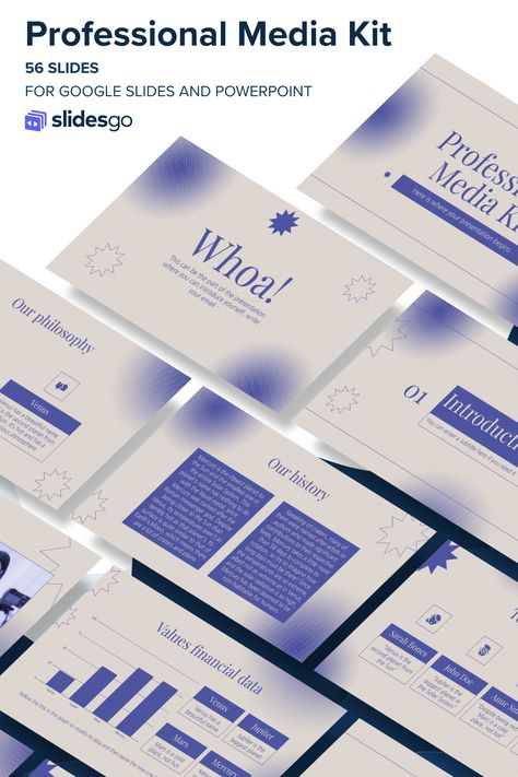 Looking to present your company in a professional way? Check out this blue and beige media kit for Google Slides & PPT and download it now! Google Slides Professional, Blue Presentation Design, Aesthetic Google Slides Templates, Google Presentation Design, Slide Show Design, Blue Ppt Template, Google Slides Ideas, Ppt Design Ideas, Aesthetic Google Slides