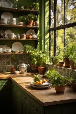 Eclectic Cottagecore Decor, Bohemian Green Kitchen, Boho Cabinet Colors, Botanical Living Room Ideas, Eclectic Kitchen Green, Plant Themed Kitchen, Bright Open Kitchen, Kitchen Design Eclectic, Botanical Kitchen Ideas