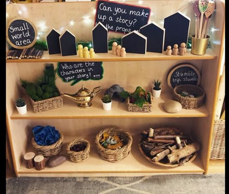 Reggio Small World Area, Reggio Small World, Reception Small World Area, Learning Provocations Classroom, Small World Area Eyfs Classroom Displays, Preschool Small World Area, Story Area Early Years, Shapes Provocations, Reggio Reading Area