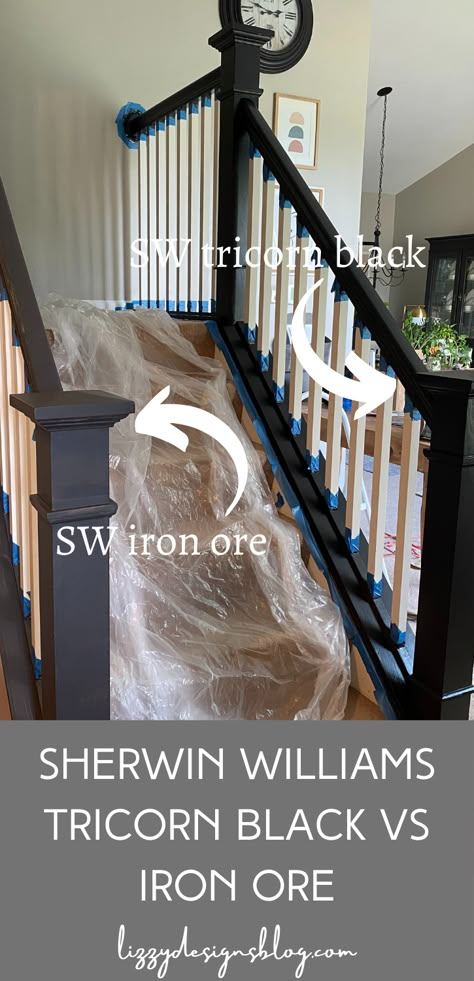 Compare Sherwin Williams iron ore and tricorn black and see all my favorite SW paint colors Iron Ore Vs Tricorn Black, Stair Nook, Tricorn Black, Bedroom Furniture Ideas, Black Paint Color, Choosing Paint Colours, Choosing Paint, Staircase Makeover, Favorite Paint Colors