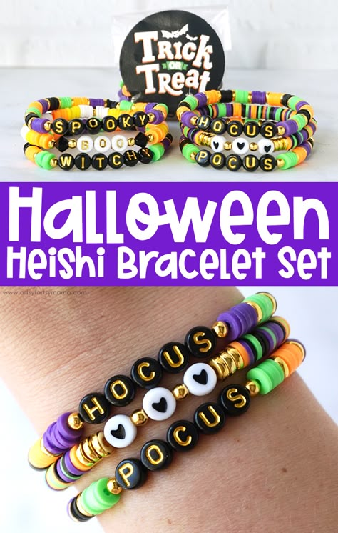 Halloween Heishi Bracelet Set #halloween #halloweenfashion #heishi #heishibracelets #teencrafts #halloweencrafts #hocuspocus #halloweenparty #partyfavor #halloweendiy #diyjewelry Clay Bead Halloween Bracelet Ideas, Beaded Bracelets Halloween, Halloween Bracelets Diy, Hocus Pocus Bracelet Ideas, Halloween Heishi Bracelet Ideas, Halloween Heishi Earrings, Halloween Bracelets Clay Beads, Diy Halloween Bracelets, Flat Bead Bracelets