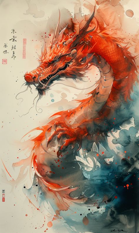 Long Spiraling Japanese Style Dragon Illustration Watercolor Dragon Drawing Watercolor, Dragon Watercolor Painting, Japan Dragon Art, Japanese Dragon Illustration, Japanese Water Dragon, Fantasy Dragon Illustration, Dragon Acrylic Painting, Fire Dragon Art, Japanese Dragon Art