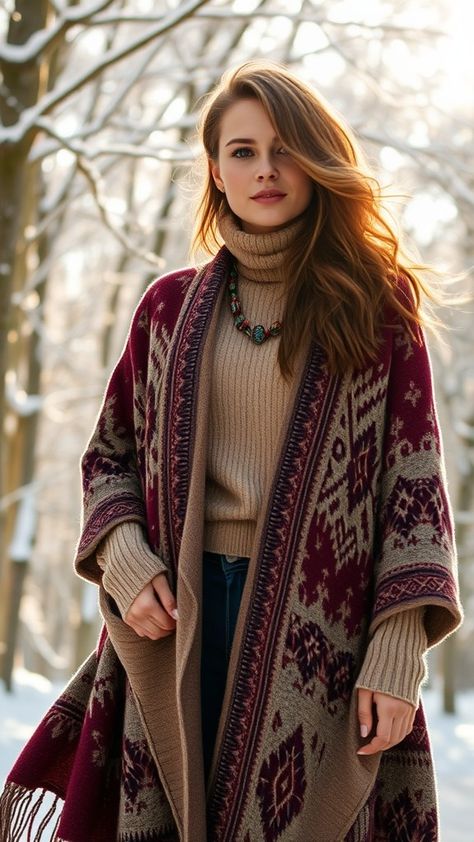 Embrace boho vibes this winter with our top 20 outfit ideas! Discover how to style a layered turtleneck with a flowy cardigan for a cozy yet chic look. Perfect for staying warm while making a statement, these outfits blend comfort and style seamlessly. Unleash your inner fashionista and transform your wardrobe with trendy combinations. Get inspired and elevate your winter fashion game today! Southwestern Womens Fashion, Casual Outfits Boho Chic, Boho Winter Style Outfits, Cute Flowy Outfits, Cute Country Winter Outfits, How To Style A Poncho Outfit Ideas, Sporty Boho Outfits, Warm Boho Outfits, Anthropology Aesthetic Outfit