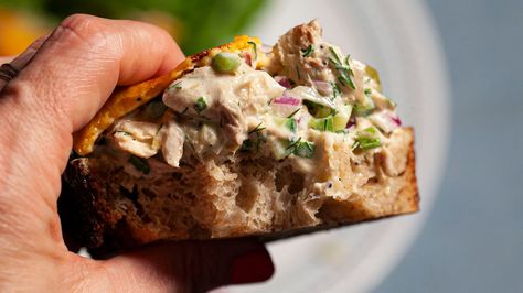 Skip the tuna and opt for the more sustainable and flavorful mackerel in this twist on the classic sandwich. Mackerel Salad, Piri Piri Sauce, Munchies Recipes, Melt Recipe, Classic Sandwich, Pickle Butter, Lettuce Cups, American Cheese, White Bread