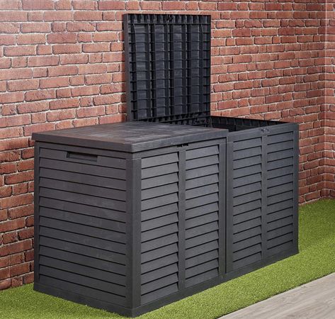 Capacity: 750 Litres Material: Heavy Duty Plastic - Weatherproof Colour: Black 2 Lockable Hinged Lids Dimensions (cm): H80 x W155 x L66 Waterproof Garden Storage, Garden Storage Box, Outdoor Garden Storage, Storage Outdoor, Outdoor Box, Plastic Garden, Gardening Gear, Can Storage, Patio Furniture Cushions