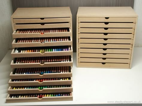 Art Book Storage Ideas, Rolling Storage Drawers, Diy Art Supplies Storage, Wooden Boxes For Storage, Diy Pencil Storage, Color Pencil Organization Storage Ideas, Box For Pencils, Art Pen Storage, Wooden Pencil Box Ideas