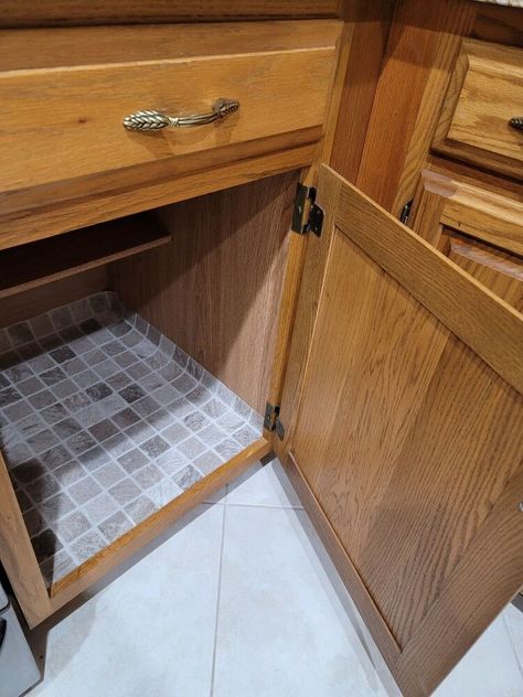 The inside of our kitchen cabinets were a bit damaged so we purchased a roll of linoleum flooring to line each cabinet with! There were areas where the wood was had some water damage under the sink or was worn since it appeared to be manufactured wood. We cut a sheet of the linoleum floor by the measurements of each cabinet and placed it inside. I debated gluing it to the surface but this appeared to be unnecessary. I think down-the-line I might do so. However, without glui… Tile Inside Cabinets, Lining Kitchen Cabinets, Diy Mirror Frame Bathroom, Frugal Homemaking, Inside Kitchen Cabinets, Closet Makeover Diy, Frame Bathroom, Plywood Shelves, Homemaking Tips