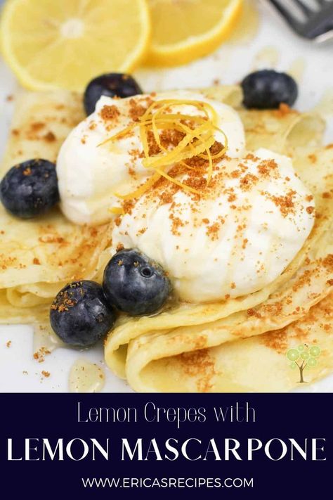 Lemon crepes under lemon mascarpone topped with honey, blueberries, and crushed Biscoff cookies. Just the right balance of sweetness, luxurious mascarpone cheese, and tart fresh lemon. This is a perfect spring dessert, and easy to make. Lemon Crepes Filling, Recipes With Mascarpone Cheese, Best Crepe Recipe, Lemon Crepes, Lemon Mascarpone, Crepes Filling, Lemon Cheese, Party Bites, Spring Dessert