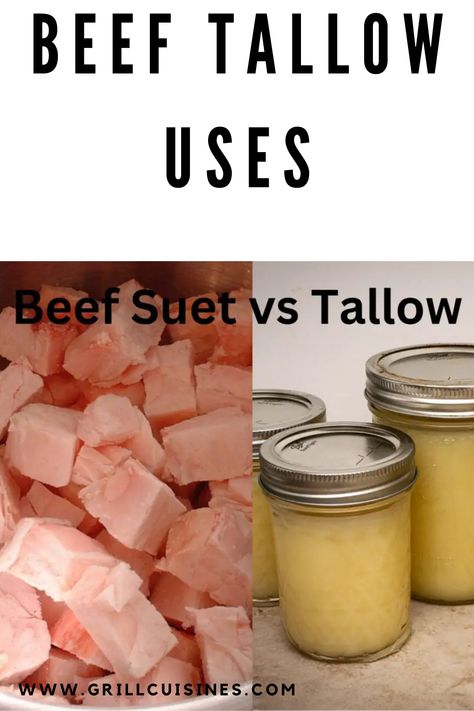 Beef tallow is a rendered fat that is made by melting down the hard fat that surrounds the kidneys and loins of cows, which is called suet. Once the suet is melted down, it separates into two parts: the liquid fat, which is called beef tallow, and the solid pieces of protein and connective tissue, which are called cracklings. beef tallow | what is tallow | tallow uses | uses of tallow | beef tallow recipes | beef tallow uses What To Do With Beef Fat Trimmings, Beef Suet Uses, Pressure Canning Beef Tallow, Rendering Beef Tallow, Beef Tallow Uses Cooking, Beef Suet Recipes, How To Render Beef Fat For Tallow, Uses For Beef Tallow, Cooking With Tallow