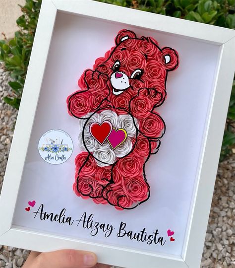 Care Bears | Care Bear Shadow Box | Baby Shower Gift | Birthday Gift | Personalized Gifts | Gift Ideas | Cardstock Paper | Paper Crafts | Paper Flowers | Wooden Frame | Wall Decor | Room Decor Sunflower Shadow Box Ideas Cricut, 3d Frame Ideas Shadow Box Paper Crafts, Shadow Box Valentine Ideas, Cricut Shadow Box Ideas, Love A Lot Care Bear, Crafts Paper Flowers, Shadow Box Ideas, Rolled Flowers, Baby Shadow Box