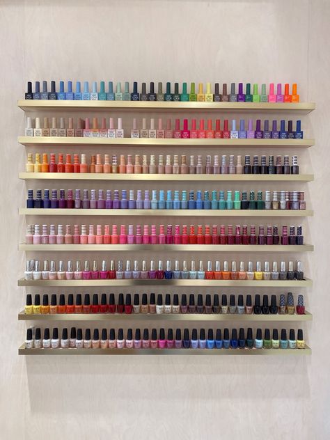 Nail Room Shelves, Nail Polish Display Ideas Salons, Gel Polish Wall Display Ideas, Nail Polish Collection Display, Nail Salon Polish Display, Nail Polish Shelf Display, Nail Office Ideas, Nail Polish Display Ideas, Nail Shop Design