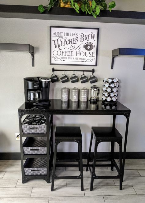 Black and grey witchy coffee bar. Black Goth Kitchen, Black Witchy Bedroom Ideas, Coffee Bar Black And White, Small Goth Kitchen, Goth Coffee Bar Ideas, Goth Coffee Station, Witchy Salon Decor, Modern Goth Home Decor, Black Coffee Bar Ideas