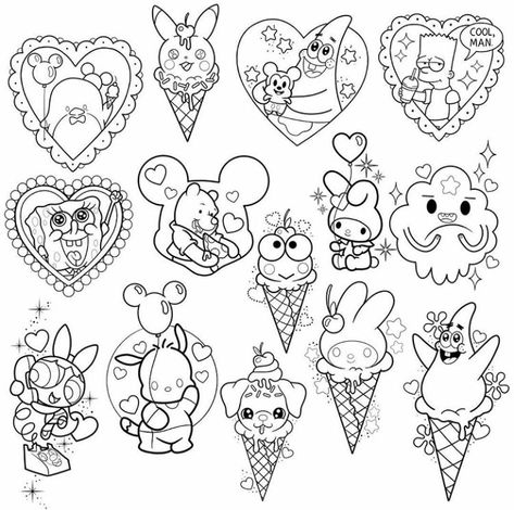 Tattoo Stencils Disney, Kawaii Flash Sheet, Disney Tattoo Flash Sheet, Disney Outline Drawing, Kawaii Tattoo Flash, Valentine’s Day Tattoo, Disney Flashsheets Tattoo, Disney Tattoo Flash, Kawaii Flash Tattoo