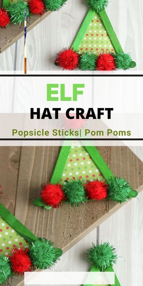 Make this Elf hat craft with popsicle sticks and pom poms! You can even hang it on your tree Preschool Christmas Crafts With Popsicle Sticks, Christmas Crafts For Kids Using Popsicle Sticks, Elf Popsicle Stick Craft, Popsicle Stick Elf, Christmas Ornaments For Kids To Make Popsicle Sticks, Popsicle Stick Santa Ornament, Craft With Popsicle Sticks, Elf Hat Craft, Sticks Crafts