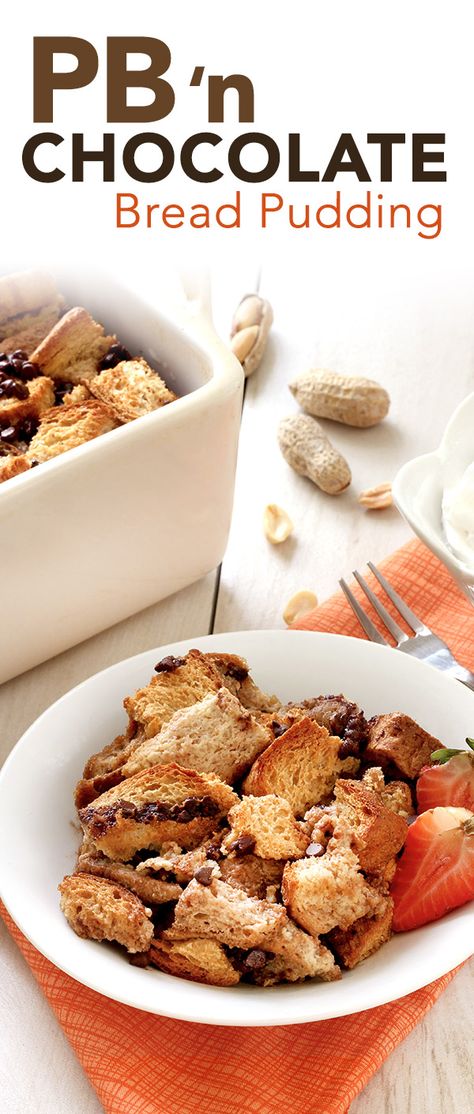 Better-for-you bread pudding is HERE! This version tastes like a peanut butter cup and is so easy to whip up. 1/4th recipe: 225 calories | 8.5g fat | 10g protein | Protein Bread Pudding, Brioche Bread Pudding, Bread Pudding Easy, Chocolate Bread Pudding, Hungry Girl Recipes, Protein Bread, Bread Pudding Recipe, Chocolate Bread, Hungry Girl