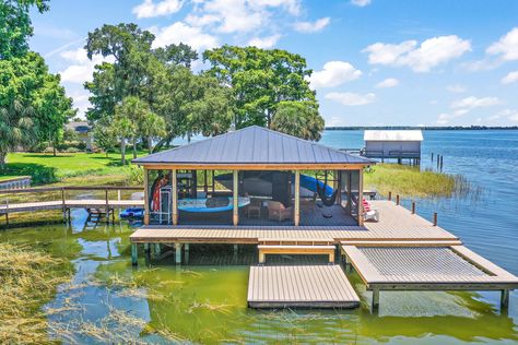 Boat Dock Ideas, Lake House Dock, Lake House Patio, Dock Ideas, Florida House Plans, Lakefront Living, Boat Lift, Boat Dock, Hollow Design