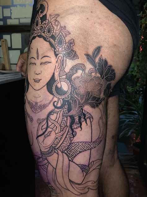 White Tara by Bimal Rai at Jads in Thamel Nepal. Back to back 7 hour sessions much more to go! #tattoos #tattoo #beauty White Tara Tattoo, Green Tara Tattoo, Tara Tattoo, Ganesh Tattoos, Ganesh Tattoo, Mandala Tattoos, Trending Tattoos, Prison Tattoos, White Tara