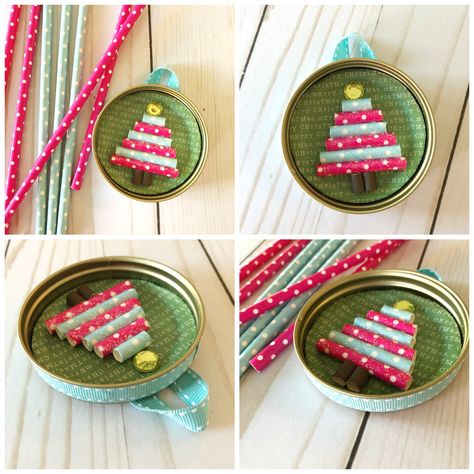 Christmas Ornament Recycled Materials, Recycled Ornaments For Kids, Mason Lid Crafts, Mason Jar Lid Ornaments Diy, Mod Podge Christmas Ornaments, Mason Jar Ring Crafts, Christmas Ornaments Preschool, Recycled Christmas Ornaments, Mason Jar Lid Ornaments