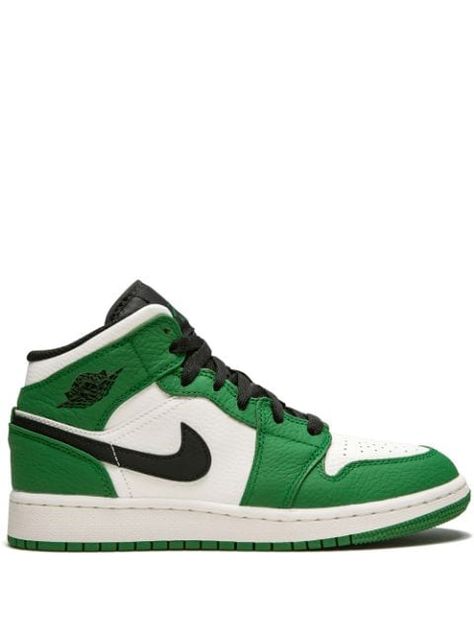 JORDAN 1 MID SE (GS) SNEAKERS. #jordan #shoes Jordan Air 1 Mid, High Top Jordans, All Jordans, Air Jordan 1 Mid Se, Jordan Outfits, Mid Top Sneakers, Lucky Green, Jordan Air, Green Sneakers