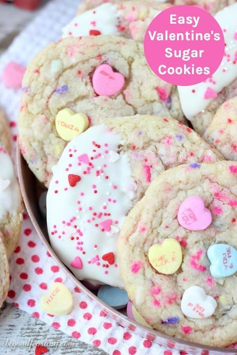 Easy Valentine's Day Cookie recipe. Tell someone you love them with these Conversation Heart Sugar Cookies. These buttery sugar cookies are filled with little pops of sweetness with crushed candy conversation hearts and sprinkles. #valentinesdaydessert #valentinesdaycookies #valentinesdaysugarcookie #conversationheart #conversationheartcookies Valentines Day Cookie Recipe, Funfetti Cake Mix Cookies, Heart Sugar Cookies, Buttery Sugar Cookies, Strawberry Pop Tart, Heart Sugar Cookie, Valentine Sugar Cookies, Valentines Baking, Valentine Desserts