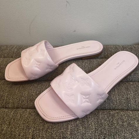 Revival pink mules Size 39 Brand new Comes with box & dust bag DM for pricing & inquiries✨ Resell_couture is not affiliated with any brands Lv Slides, Earthy Outfits Aesthetic, Pink Mules, Shoes Louis Vuitton, Pink Slides, Earthy Outfits, Flat Mules, Louis Vuitton Sandals, Light Pink Color