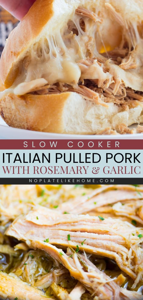 This Slow Cooker Italian Pulled Pork is tender, flavorful, juicy pork recipe for dinner that only takes 10 minutes to prep! Add this low-carb and gluten-free pork recipe to your favorite Italian dinner ideas! Italian Pork Recipes, Pulled Pork Crock Pot Recipes, Pulled Pork Sandwiches Crock Pot, Italian Pulled Pork, Pulled Pork Crock, Pork Loin Crock Pot Recipes, Crockpot Pork Loin, Slow Cooker Italian, Pork Crockpot Recipes