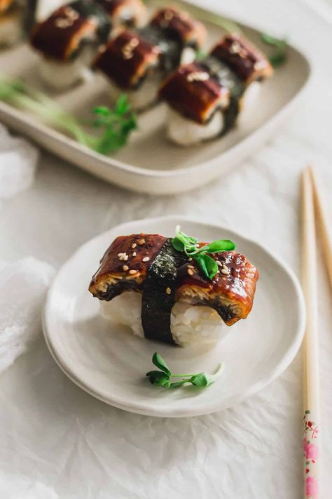 Unagi Nigiri (BBQ Eel Sushi) | Sift & Simmer Different Sushi, Unagi Sushi, Eel Sushi, Homemade Sushi Rolls, Salmon Noodles, Sushi Counter, Recipes To Make At Home, Types Of Sushi, Nigiri Sushi