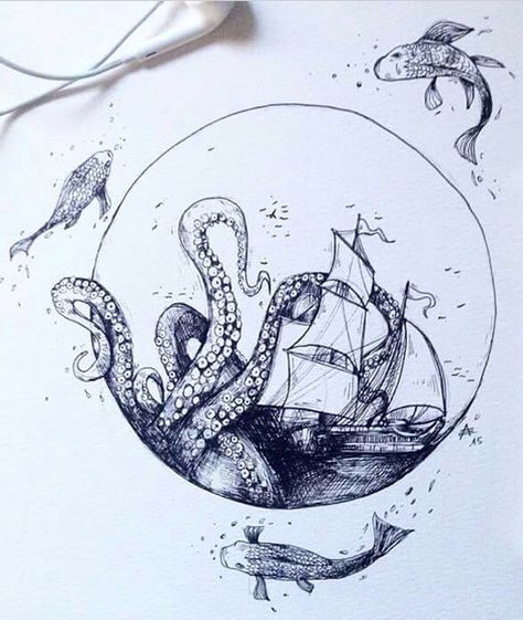 Tattoo octopus ship Alfred Basha, Stylo Art, Octopus Tattoos, Kunst Tattoos, Drawing Eyes, Drawing Faces, Cross Hatching, Desenho Tattoo, Oil Pastels