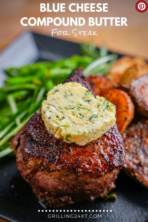 Blue Cheese Butter For Steak - Grilling 24x7 Compound Butter For Steak, Butter For Steak, Blue Cheese Butter, Homemade Burger Recipe, Steak With Blue Cheese, Flavored Butters, Compound Butters, Cheesy Pasta Bake, Dips Recipes