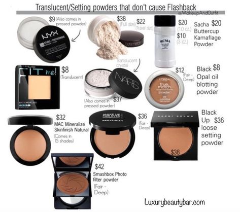 Recommended Setting Powders With No Flashblack! #smashboxpowder #translusentpowder #camerareadymakeup #bobbibrownpowder #maybellinepressedpoweder #MACmineralize #makeupforeverpowder #narsloosepowder #lorealtruematch #NYXfinishingpowder #laurameriersettingpowder Makeup Forever Powder, Makeup Tips For Dry Skin, Makeup Tutorial Foundation Flawless Face, Camera Ready Makeup, Setting Powders, Ysl Makeup, Makeup Tutorial Foundation, All Natural Makeup, Makeup Setting Powder