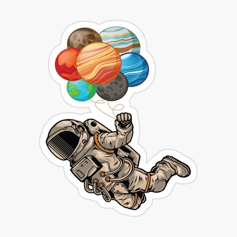 Astronaut Holding Planet Balloons - Astronaut by YueHeng Creates | Redbubble Astronaut Holding Planet Balloons, Balloons Drawing, Planet Balloons, Vintage Aesthetic Stickers Printables, Astronaut Sticker, Holding Balloons, Planet Drawing, Balloon Painting, Astronaut Design