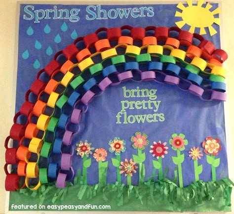 Paper Chain Rainbow Bulletin Board Idea Rainbow Bulletin Boards, Spring Bulletin, Spring Bulletin Boards, Preschool Bulletin, Spring Classroom, Church Bulletin Boards, Preschool Bulletin Boards, Classroom Doors, School Displays