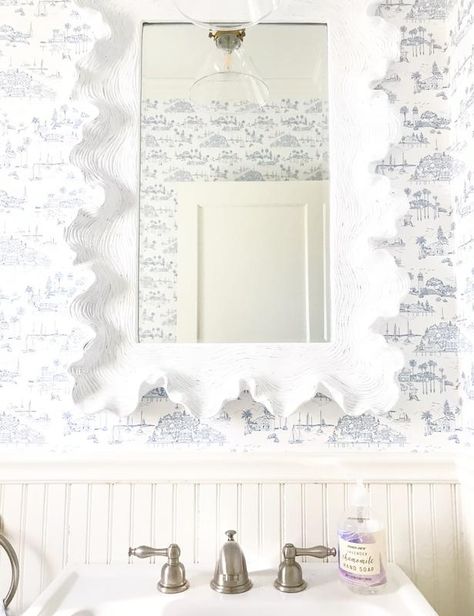 Honshu Wallpaper, Mirror Over Bed, Tufted Bedding, Woven Charger, Thibaut Wallpaper, Elegant Mirrors, Unique Mirrors, Classic Bathroom, White Mirror