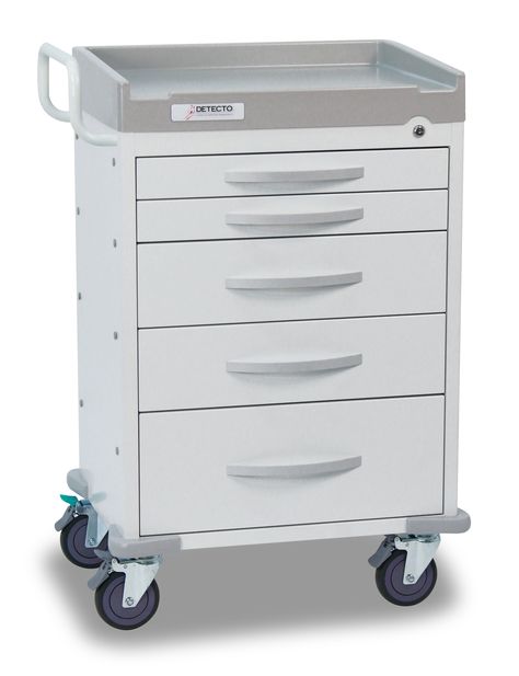 Model RC33669WHITE Wheels 5-inch-diameter wheels Colour Available R (red), Anesthesiology (blue), Isolation (yellow), and General Purpose Lock Type Keyed (blue, yellow, white carts) or EMG breakaway lock (red carts) secures all drawers simultaneously Cart Dimensions (With or Without Guide Handle) 29.9 in W x 21.3 in D x 43.2 in H / 76 cm W x 54.1 cm D x 109.7 cm H. Without Guide Handle: 27.8 in W x 21.3 in D x 41.8 in H / 70.6 cm W x 54.1 cm D x 106.2 cm H Drawer Dimensions 22.4 in W x 15.6 in D Medication Drawer, Medical Cart, Medical Carts, Drawer Dimensions, Countertop Surfaces, White Drawers, Medical Equipment, Wine Storage, Office Organization