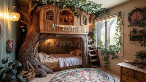 Childrens treehouse bedroom, create a cozy childrens bedroom oasis featuring a treehouse bunk bed, enchanting fairy royalty free stock image Kids Treehouse Bed, Lodge Bunk Beds, Bunk Bed Playhouse, Treehouse Bed, Treehouse Bedroom, Cottage Forest, Vector House, Childrens Bedroom, Kids Bedroom Inspiration