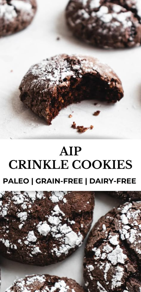 These small batch AIP/Paleo Crinkle Cookies are chocolatey and delicious. They’re the perfect holiday cookie but also great year round when you’re in the mood for a soft and cake-y cookie. Bonus: they’re coconut AND cassava free. #healmedelicious #aip #aiprecipes #paleo #paleorecipes #autoimmunedisease #aipdiet #autoimmunepaleo #aipprotocol #dairyfree #glutenfree #grainfree #christmascookies #crinklecookies #christmasdesserts #christmasbaking #holidaydesserts #holidaybaking #christmaspartyfood Aip Baking Recipes, Aip Appetizer Recipes, Aip Cupcakes, Aip Sweets Easy, Aip Christmas Desserts, Aip Cookie Recipe, Quick Aip Dessert, Paleo Crinkle Cookies, Paleo Christmas Baking