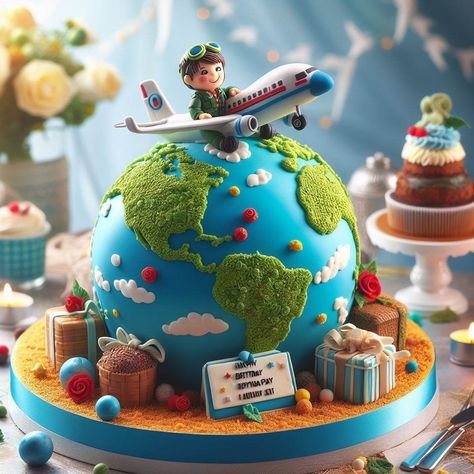 Around The World Cake Ideas, Birthday Cake Travel Theme, Travel Cake Design, Aviation Cake Ideas, Cake Travel Theme, Around The World Cake, Travel Theme Cake, World Birthday Cake, Plane Cake