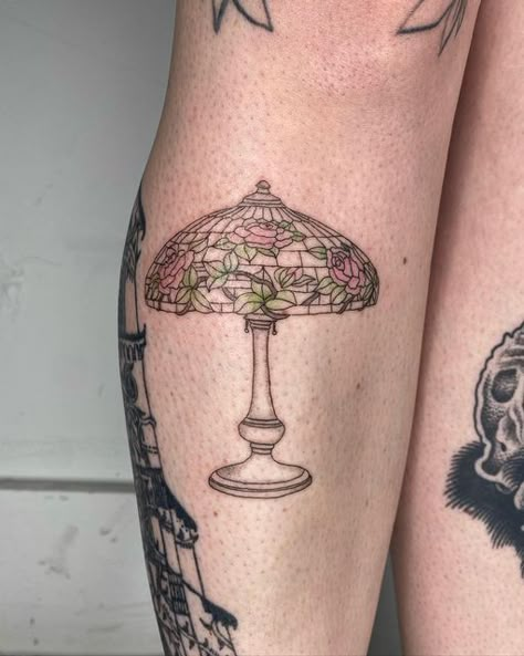 Tattoos With Stippling, Stained Glass Lamp Tattoo, Tiffany Lamp Tattoo, Vintage Lamp Tattoo, Stained Glass Tattoo, Lamp Tattoo, Strawberry Tattoo, Mystical Tattoos, Nyc Tattoo