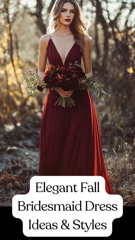 Elegant fall bridesmaid dress in a deep burgundy shade with flowing fabric, perfect for the autumn season. Autumn Red Bridesmaid Dresses, Autumn Bridesmaid Dresses, Wine Color Bridesmaid Dress, Fall Bridesmaids, Fall Bridesmaid Dresses, Elegant Fall, Long Sleeve Gown, Bridesmaid Dress Colors, Wedding Themes